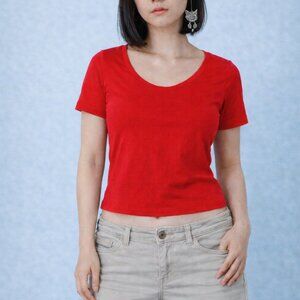 No Boundaries - Red Scoop Neck Basic Tee - Womens Size L (12-14)